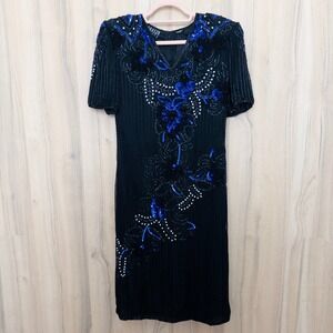 Jakelin‎ Designs Womens Silk Beaded Dress Size M Black Gatsby Art Deco Cocktail